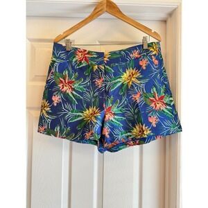 CeCe Shorts Women 14 Blue Tropical Floral Jacquard Tailored Summer Resort